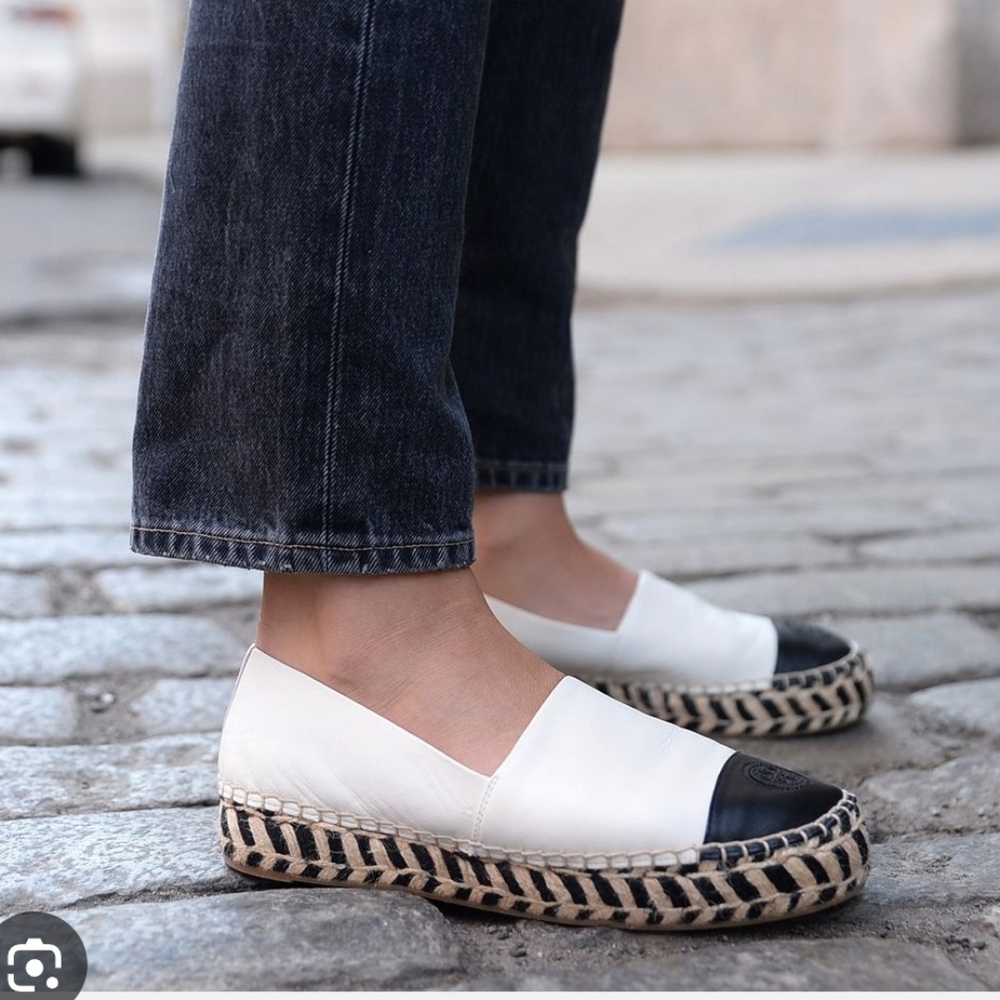 Tory Burch 48533 Colorblock Black White Espadrille Jute Platform EUC